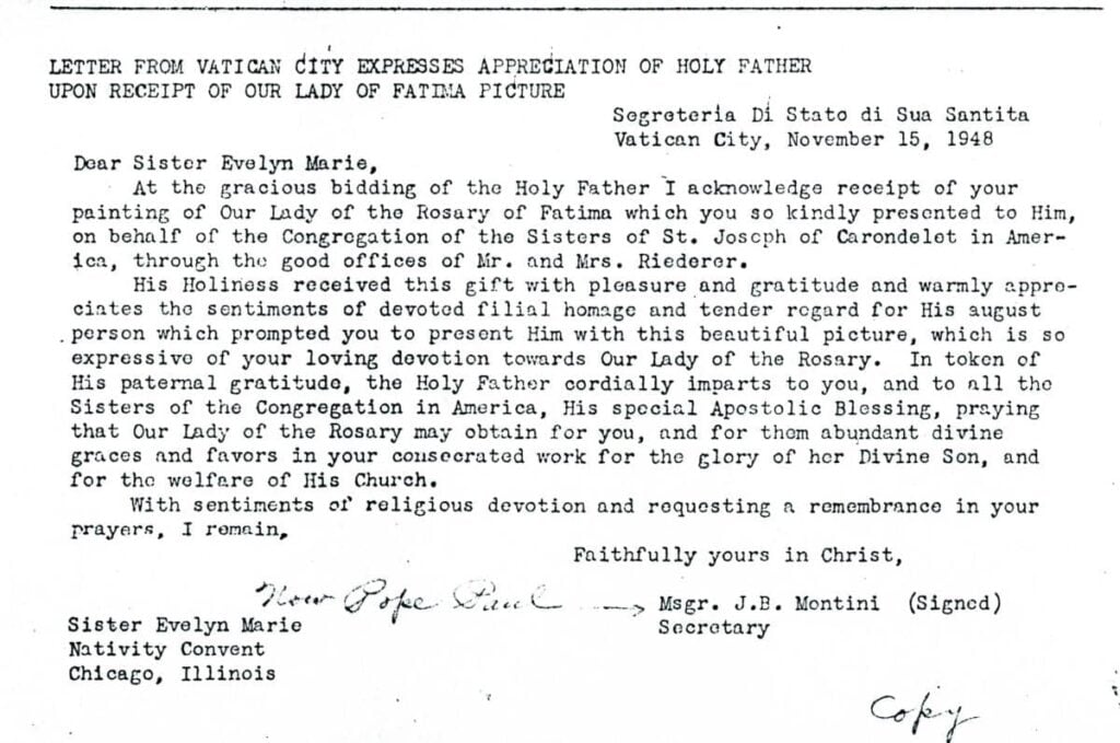Letter to Sister Evelyn Marie Reznick, CSJ about the reception of her painting